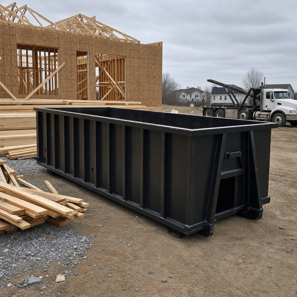Matte-black 40-yard roll-off dumpster staged on a framed-out residential construction site in Baldwin Park, framing lumber stacked nearby, hooklift delivery truck visible in the background under bright Colorado daylight