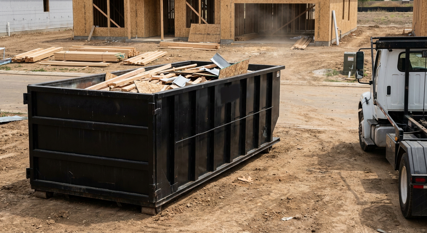 Matte-black 20-yard roll-off construction dumpster with heavy ribbed steel sidewalls and swing rear doors at a working jobsite in Baldwin Park, sitting directly on compacted dirt with an unmarked white hauler partially visible at the far edge of the frame.