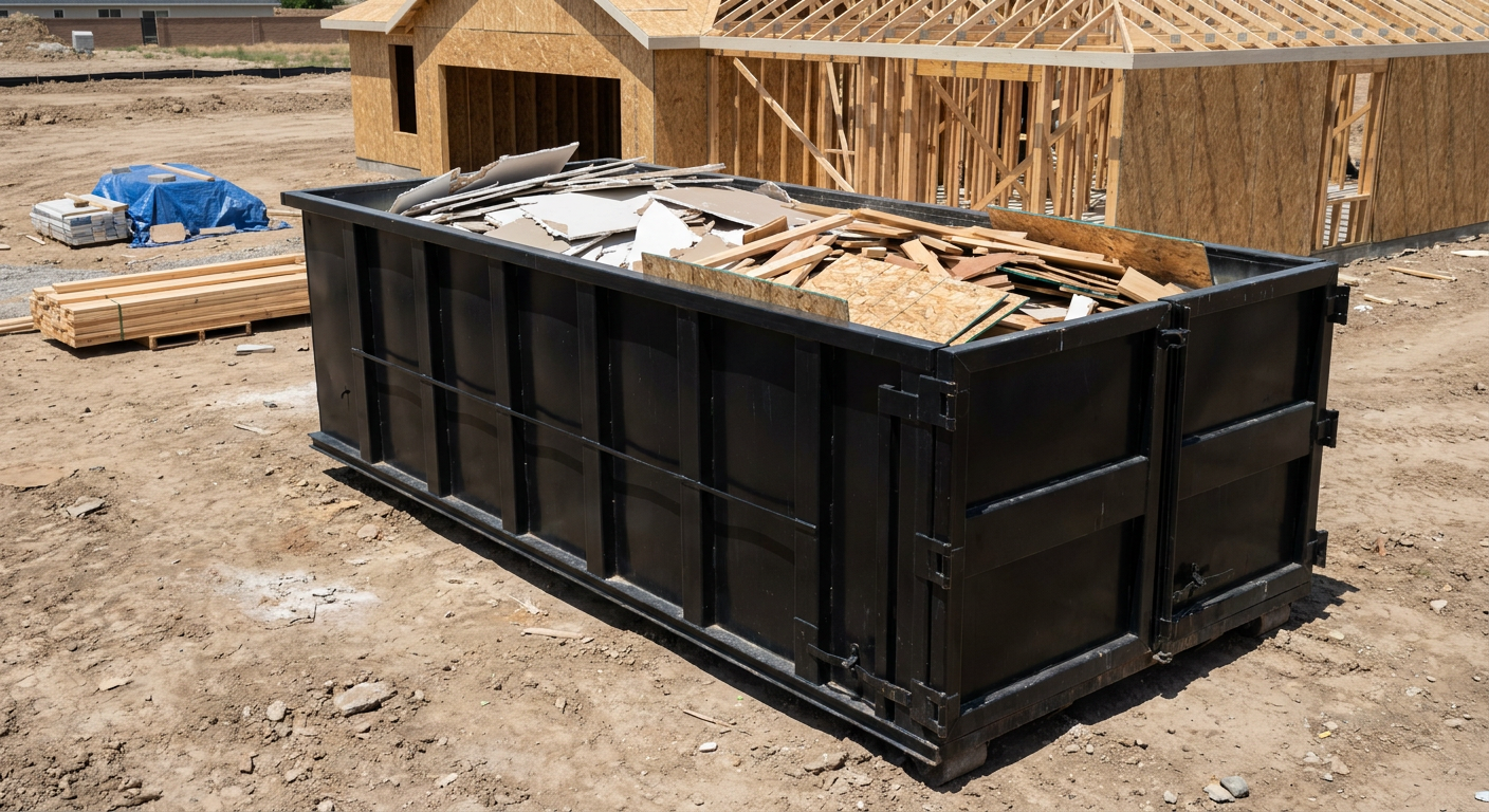 Matte-black 30-yard roll-off construction dumpster sitting directly on the compacted-dirt site of a framed single-family home build in Baldwin Park, drywall and lumber scrap loaded inside.