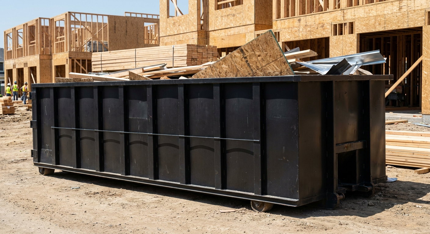 Matte-black 40-yard roll-off construction dumpster being lowered from a white-cab hooklift delivery truck onto the compacted-dirt jobsite at a commercial build site in Baldwin Park