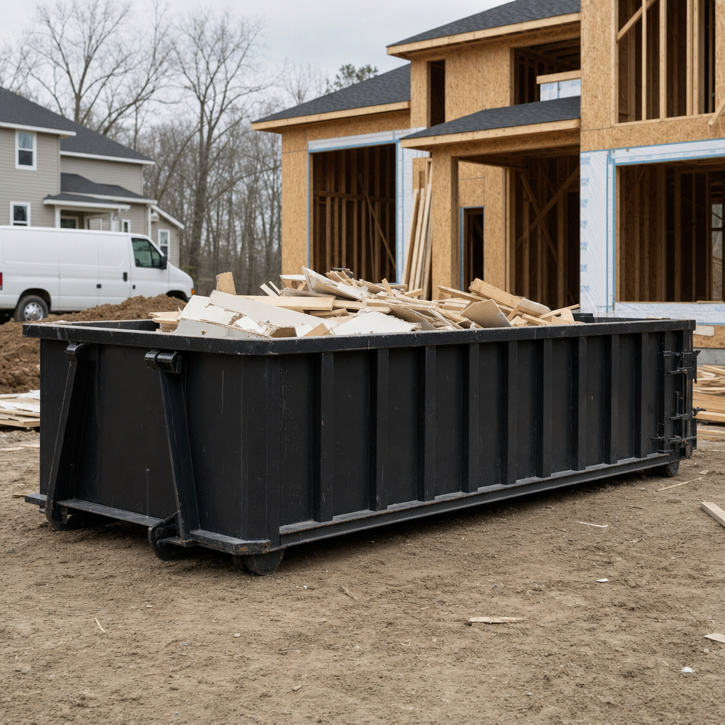 Worker in a yellow high-visibility vest tossing framing lumber and broken drywall into a matte-black 30-yard construction roll-off dumpster on an active build site in Baldwin Park, bright daylight