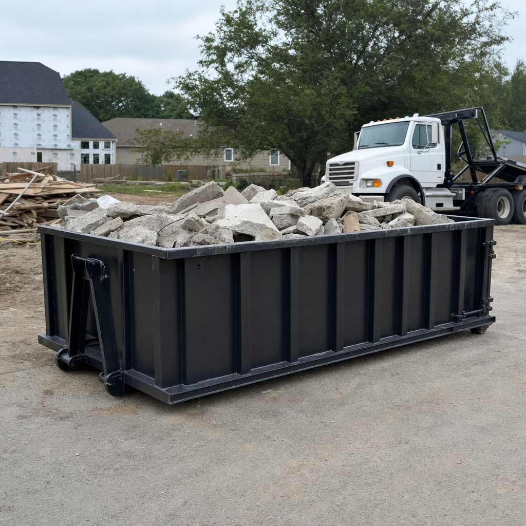 Low-profile matte-black lowboy roll-off dumpster loaded with broken concrete slab and rebar at a foundation tear-out in Baldwin Park, skid steer parked beside it, sunny Colorado morning