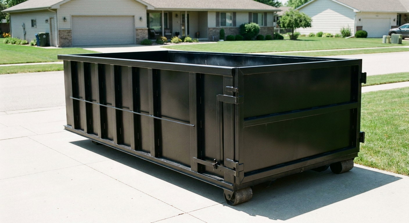 Matte-black 10-yard roll-off dumpster on a residential concrete driveway in Baldwin Park, uniformly painted matte black across every panel and rail, ribbed steel sidewalls and rear swing door visible, mid-day daylight.