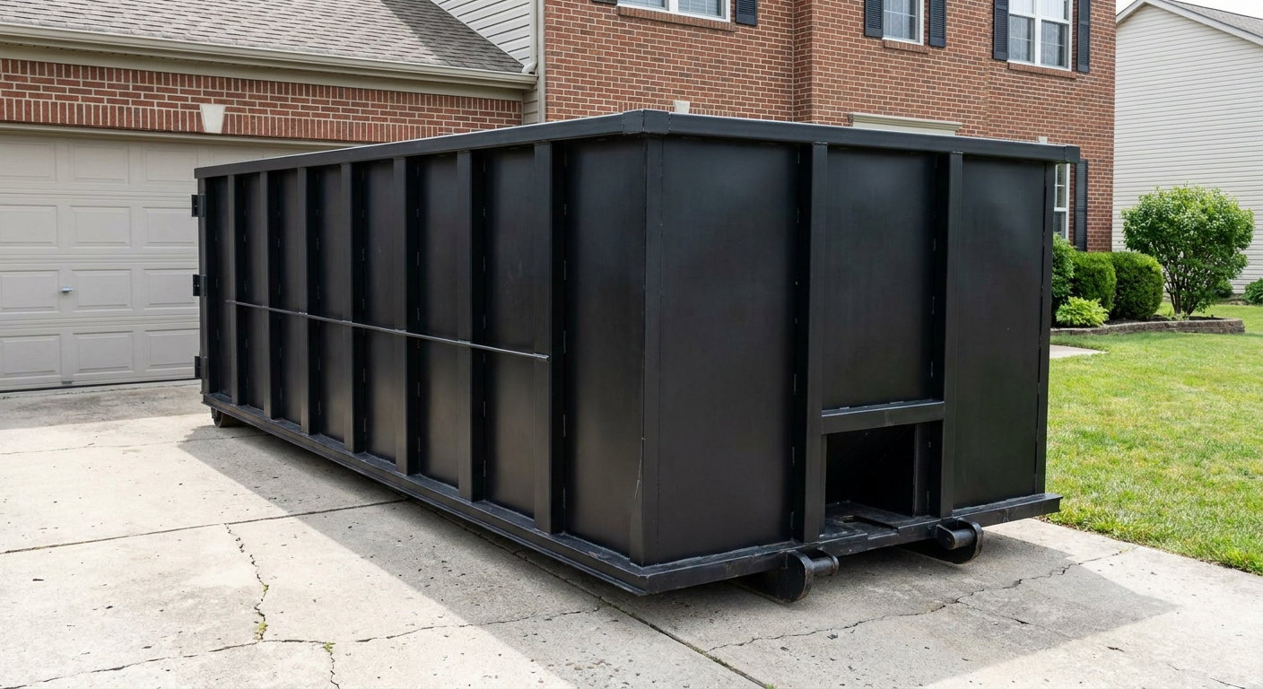 Matte-black 20-yard roll-off container on a Baldwin Park residential concrete driveway with reinforced ribbed steel sidewalls and a hinged rear walk-in door, clean bright daylight.