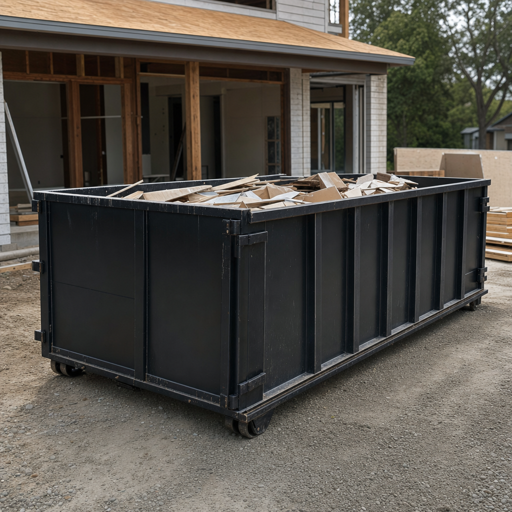 Large matte-black 30-yard construction roll-off dumpster at an active Baldwin Park jobsite, steel-gray top rails and bottom rollers visible, loaded with construction debris.