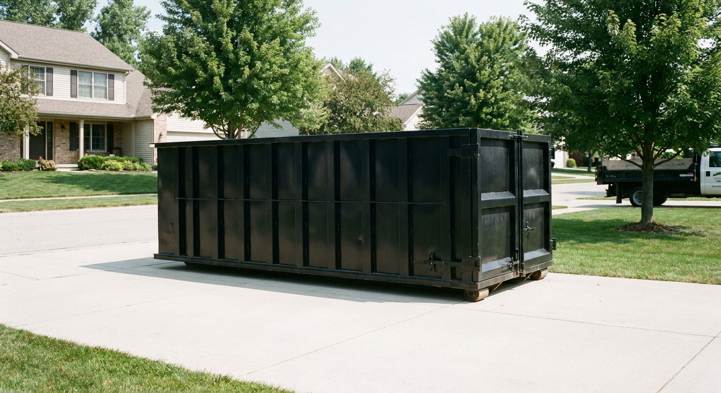 Matte-black 20-yard roll-off dumpster sitting level on a clean Baldwin Park residential concrete driveway under bright daylight, demonstrating clean placement directly on the concrete.
