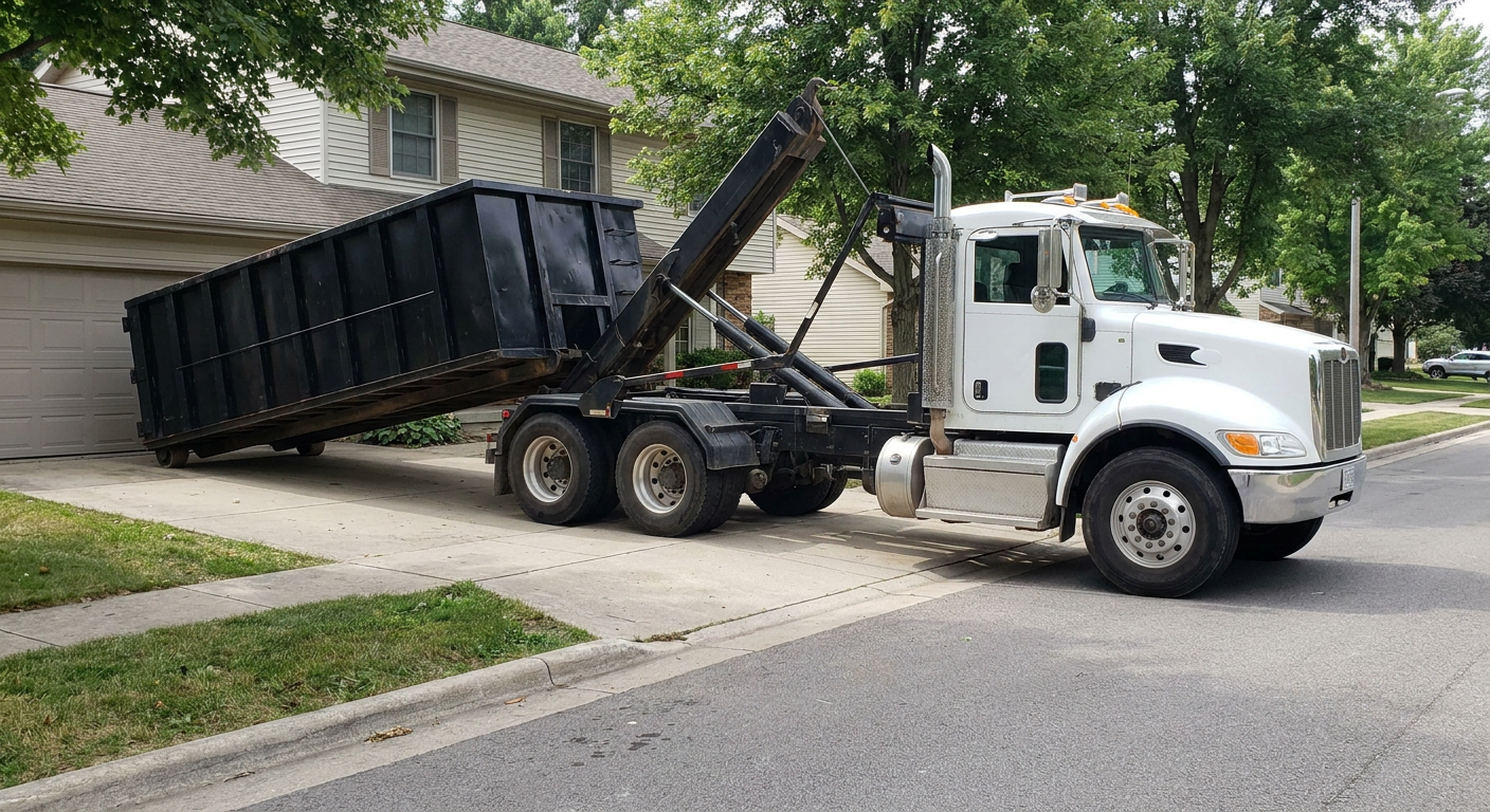 White-cab hooklift roll-off truck actively lowering a matte-black dumpster onto a Baldwin Park residential concrete driveway, the dumpster's rear wheels touching the driveway as the hoist arm tilts the bed forward, mid-morning daylight.