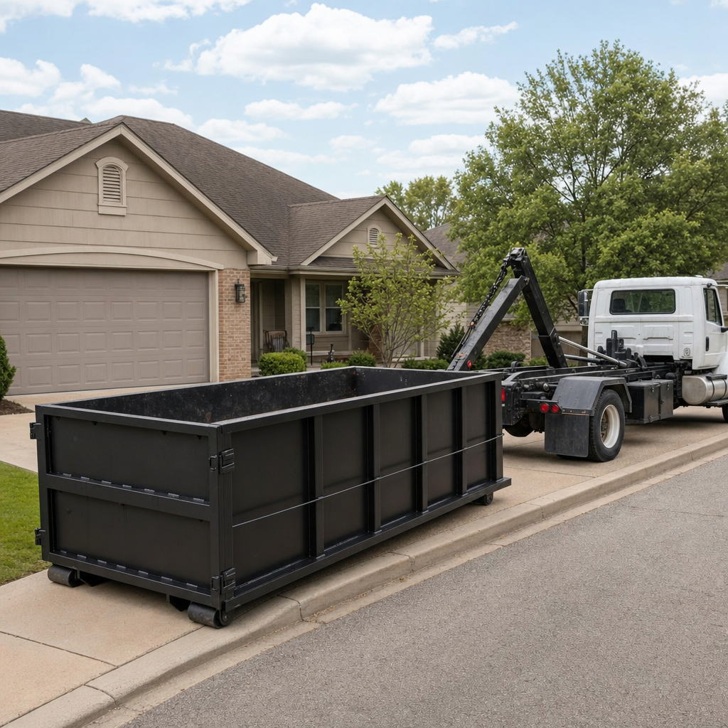 Wide documentary shot of a matte-black roll-off dumpster on a Baldwin Park residential driveway in the foreground and a contractor jobsite container in the soft-focus background, bright daylight, calm and orderly composition.