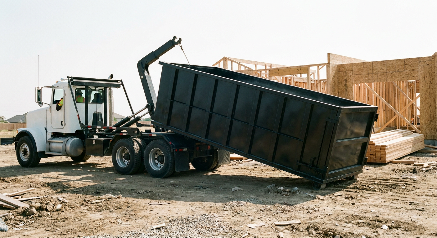 Matte-black roll-off dumpster being delivered onto a clean residential concrete driveway in Baldwin Park by an unmarked white hooklift hauler truck, bright morning daylight, documentary 35mm perspective.