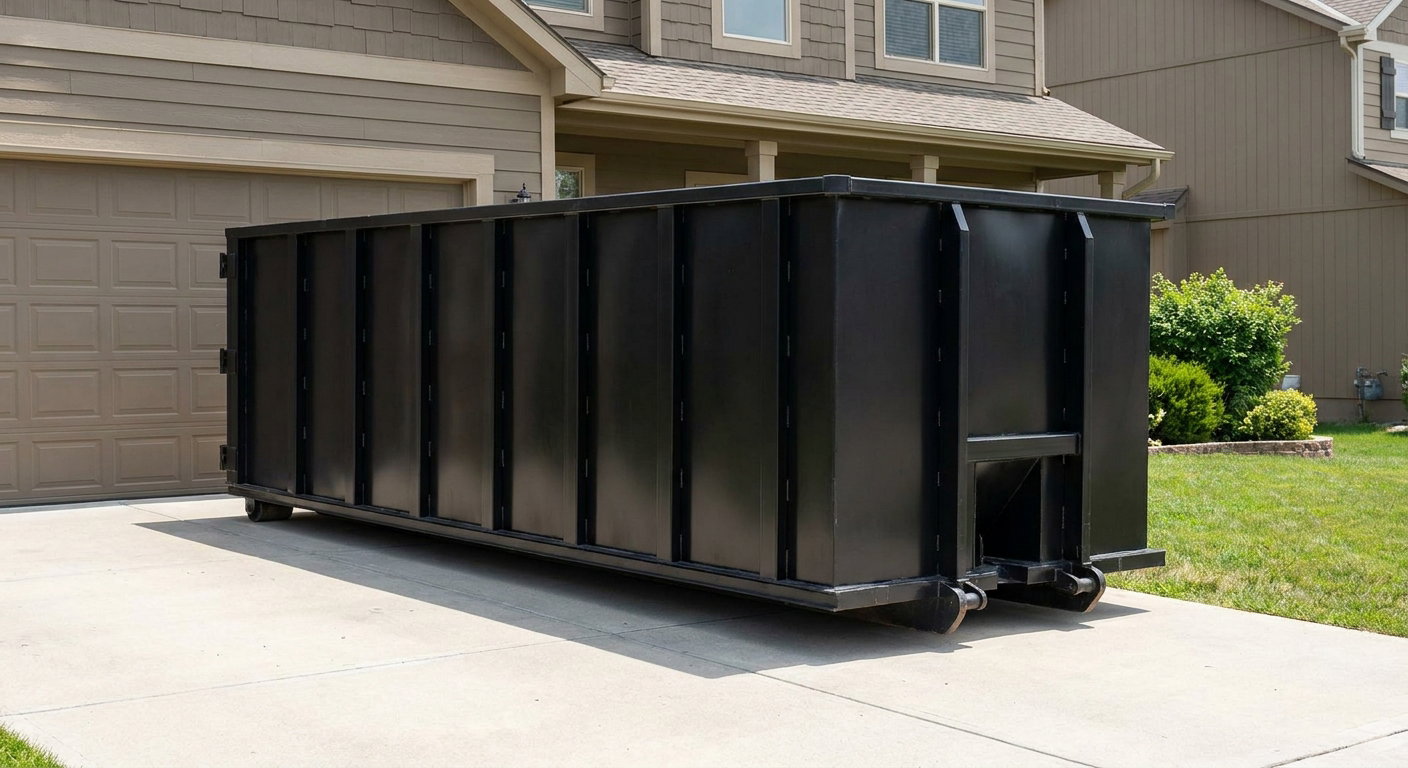 Matte-black residential roll-off dumpster sitting directly on a suburban Baldwin Park concrete driveway, garage door closed, single-family home in background, bright morning daylight.
