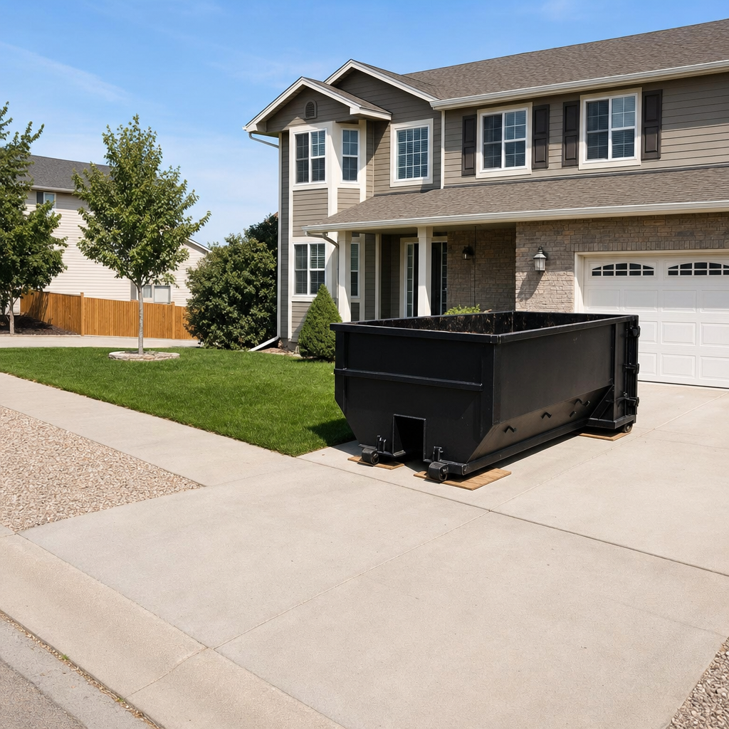 10-yard matte-black residential dumpster placed directly on a narrow Baldwin Park concrete driveway, room remains for a parked sedan beside it, mid-morning natural light