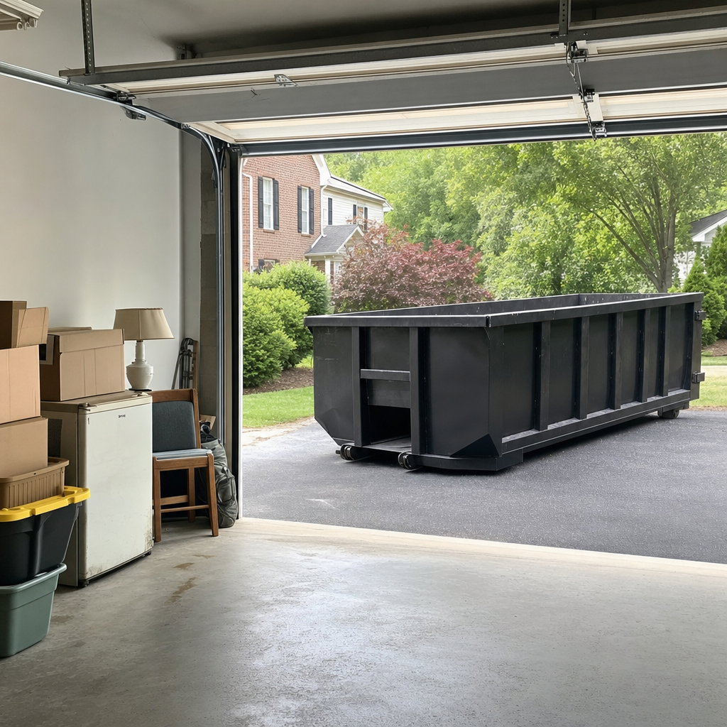 Open garage interior in a Baldwin Park home mid-cleanout — boxed items, an old appliance, and stacked yard tools queued near the driveway for a matte-black roll-off dumpster, organized and calm