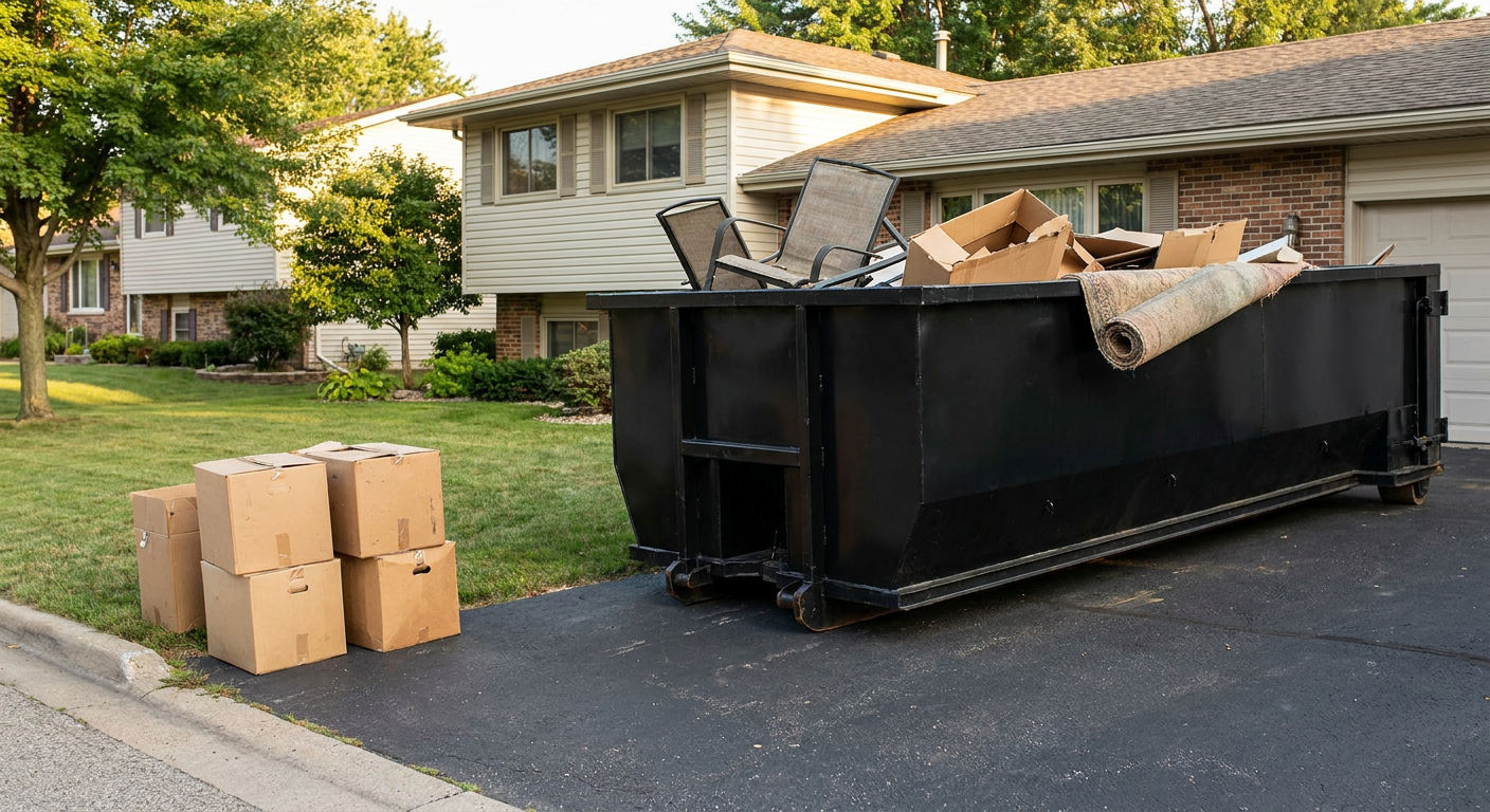 Front-yard view of a Baldwin Park split-level home with a 20-yard matte-black roll-off dumpster sitting directly on the asphalt driveway, a few clearly labeled donation boxes staged at the curb, calm sunny afternoon.