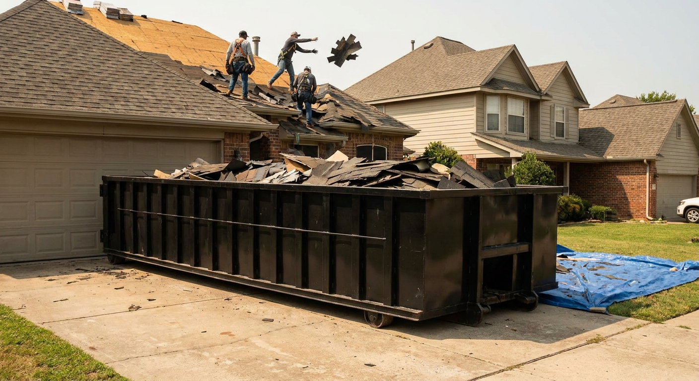 Matte-black roofing roll-off dumpster placed directly on a Baldwin Park residential concrete driveway, a tear-off crew on a two-story asphalt-shingle roof tossing shingle bundles into the low-walled container, bright daylight, documentary 35mm perspective.