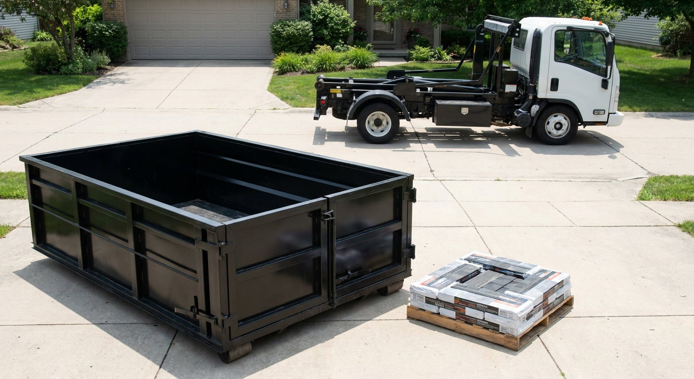 Matte-black 15-yard roofing roll-off dumpster with reinforced low side walls sitting directly on a Baldwin Park residential concrete driveway, three-tab asphalt shingle bundles stacked nearby, an unmarked white hauler truck partially visible at the edge of the frame.