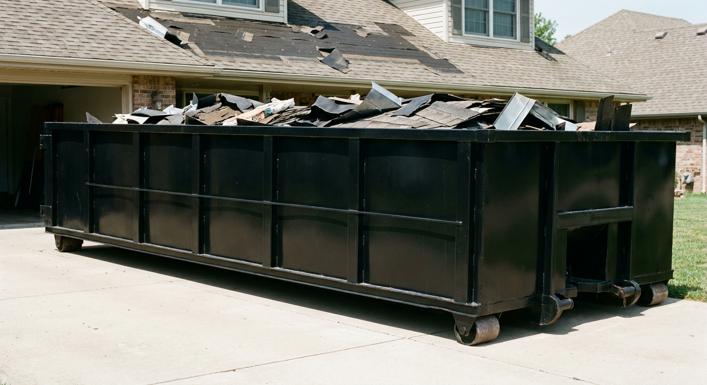 Matte-black 20-yard roofing roll-off dumpster with steel ribbed sides and swinging rear door, sitting directly on the concrete driveway of a two-story Baldwin Park home, asphalt shingle debris being loaded over the low wall, clean documentary lighting.