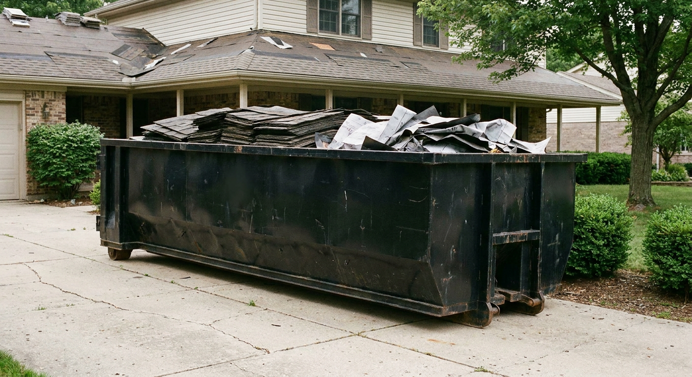 Matte-black 30-yard roofing roll-off dumpster sitting directly on a Baldwin Park concrete driveway, taller ribbed steel side panels, mixed tear-off debris of asphalt shingles and underlayment inside, professional documentary daylight.