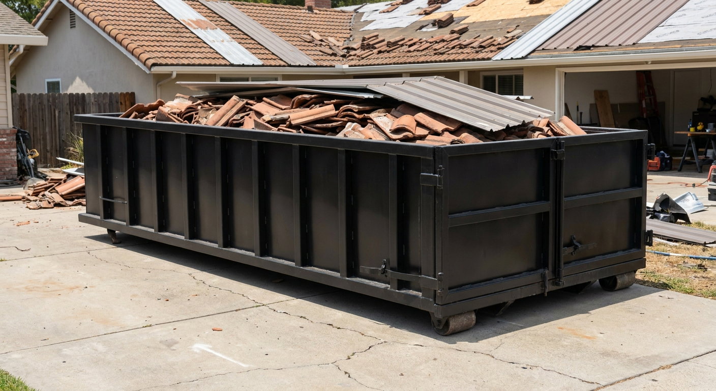 Matte-black low-wall heavy-debris roofing roll-off dumpster sitting directly on a Baldwin Park concrete driveway, broken concrete clay roof tiles and metal panel sections loaded inside, reinforced ribbed steel side walls visible, bright outdoor daylight.