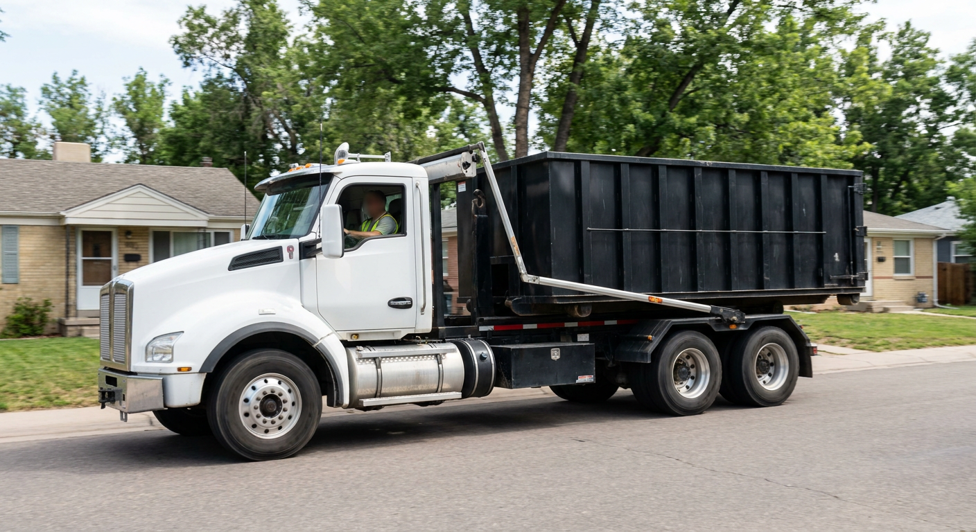 A wide documentary shot of a matte-black roll-off delivery truck pulling onto a quiet Baldwin Park residential street at mid-morning, with neighborhood rooftops and tree-lined blocks visible behind, showing the metro coverage footprint.