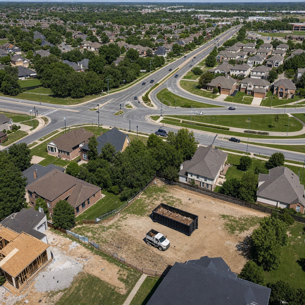 An overhead documentary view of the Baldwin Park metro area at midday, showing the spread of neighborhoods, arterial roads, and the dispatch radius from a central yard — clean daylight, organized geographic layout.