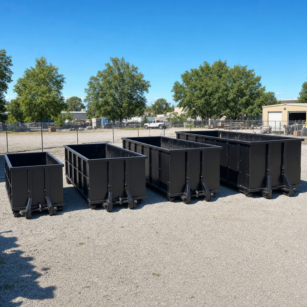 A clean lineup of matte-black roll-off dumpsters in 10, 20, 30, and 40-yard sizes staged on a sunlit gravel yard in Baldwin Park, showing the size progression from compact to commercial-scale containers.
