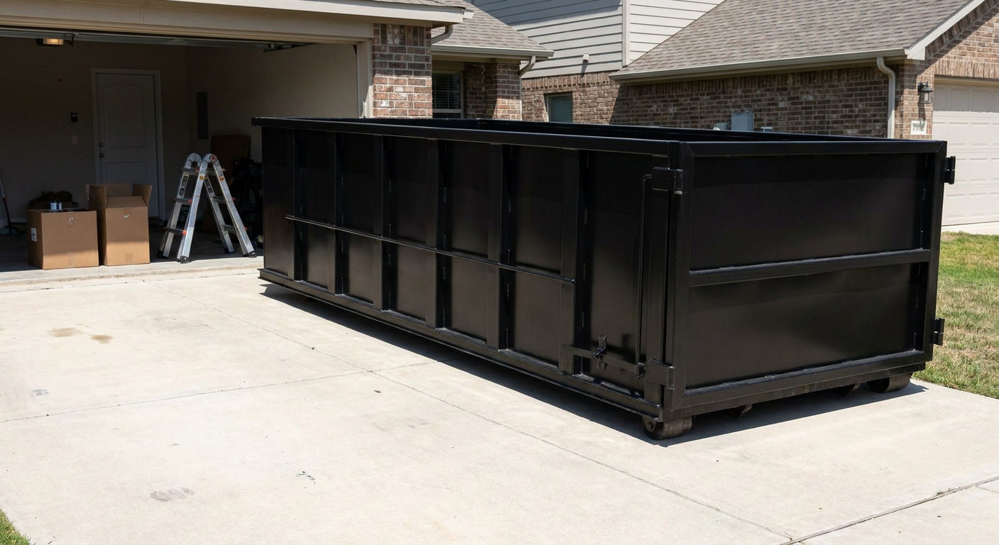 A matte-black 10-yard roll-off dumpster sitting directly on a residential Baldwin Park concrete driveway, mid-day sunlight, clean and ready for a garage cleanout.