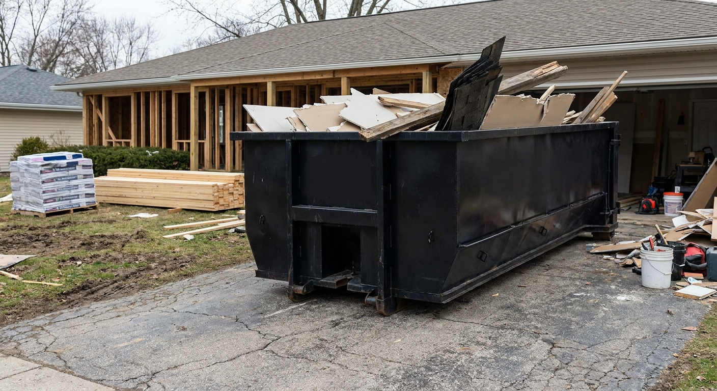 A matte-black 20-yard roll-off dumpster placed alongside a mid-renovation Baldwin Park home directly on the asphalt driveway, with framing materials and torn-off shingles staged neatly nearby.