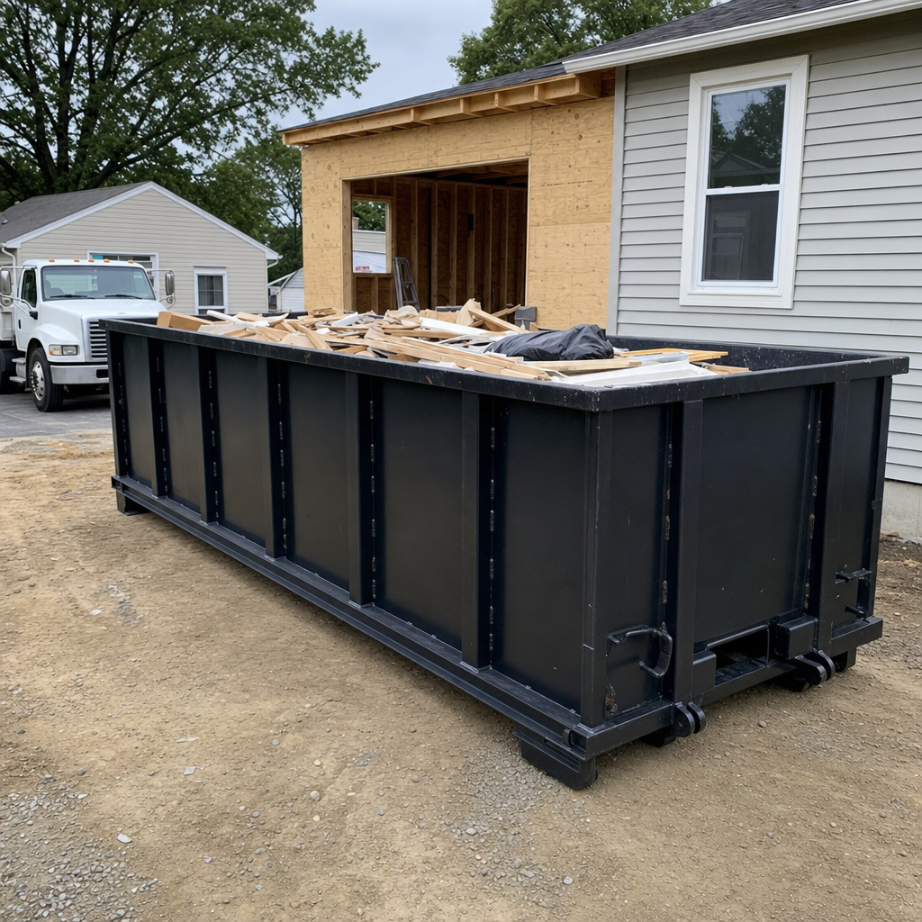 A matte-black 30-yard roll-off dumpster positioned at a Baldwin Park residential addition jobsite, with framing lumber and drywall scraps loaded through the open swinging rear doors.