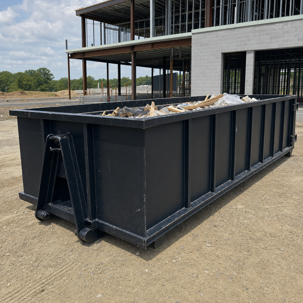 A matte-black 40-yard roll-off dumpster staged on a large Baldwin Park commercial construction lot, with a hooklift delivery truck parked alongside under bright midday sky.
