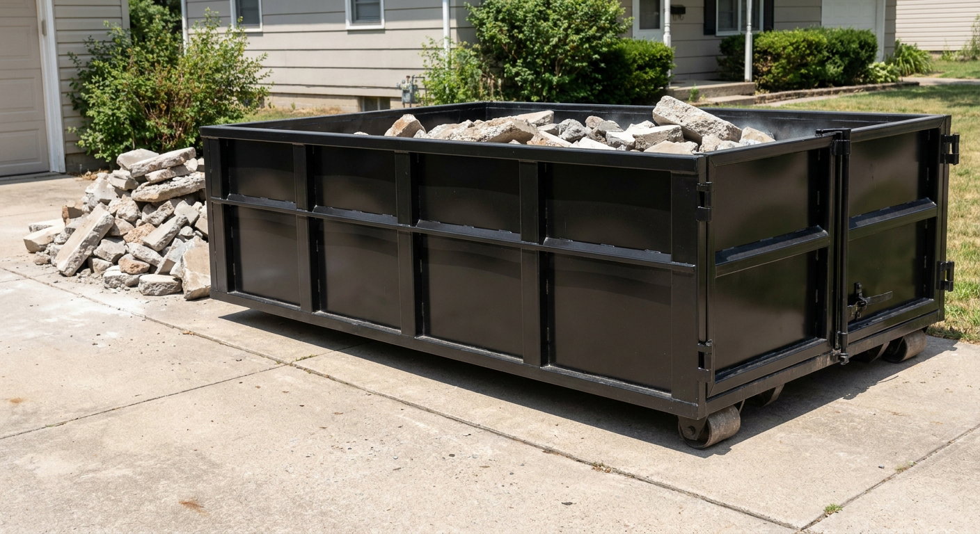 A matte-black low-side heavy-debris roll-off dumpster placed directly on a Baldwin Park concrete driveway, with broken concrete chunks neatly stacked beside it under clean daylight.